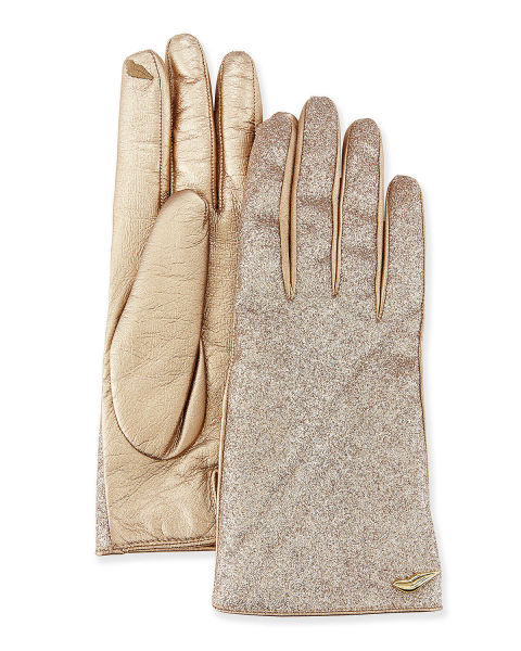 $198 BUY NOW All that glitters is literally gold with these DVF gloves. A combination of sparkly fabric and metallic leather on the palms, this design is also tech-friendly. Embroidered lip logos on the index finger and thumb work with your touchscreen devices.