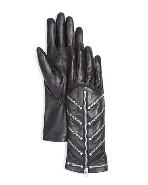 $198 BUY NOW Zip into comfort with these gloves by Agnelle. Black leather still makes the best basic, but gets an edgy update with hardware details. The cashmere/wool lining enhances the warmth factor.