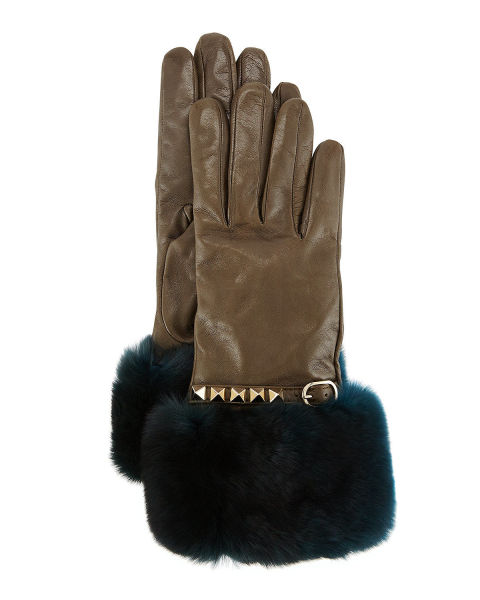 $625 BUY NOW A splurge for sure, but these Valentino gloves turn a winter accessory into a fashion statement. Hands will stay warm within the olive leather, along with a teal rabbit-fur cuff. Signature Rockstuds subtly announce the Italian label.